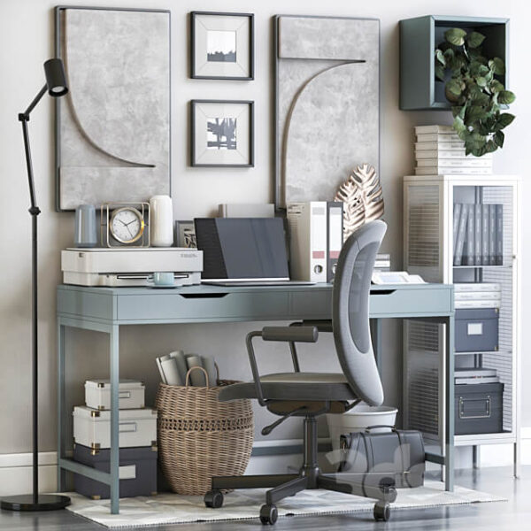 宜家办公桌椅及文具和装饰组合办公场景3D模型（MAX）